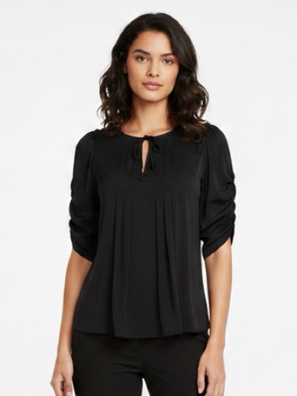NWT | Avec Les Filles | Tie-Neck Blouse w/ Gathered Sleeves | Black | Medium